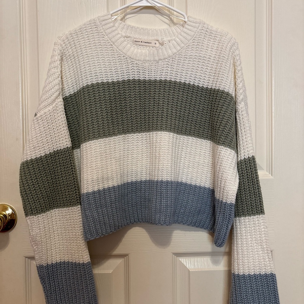 moon & madison Striped Crew Neck Sweater - Cream, Green, and Gray